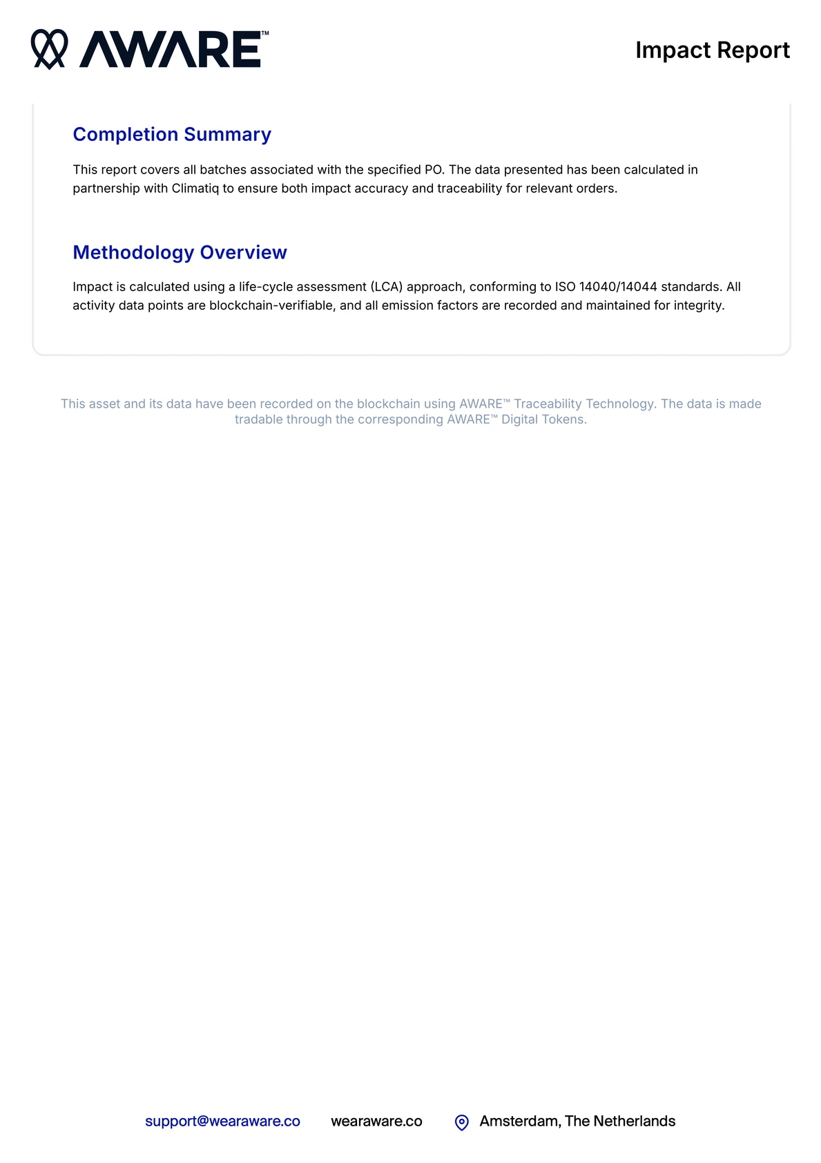 AWARE Impact Report Page 2 - Climatiq calculation partnership, ISO 14040/14044 LCA methodology