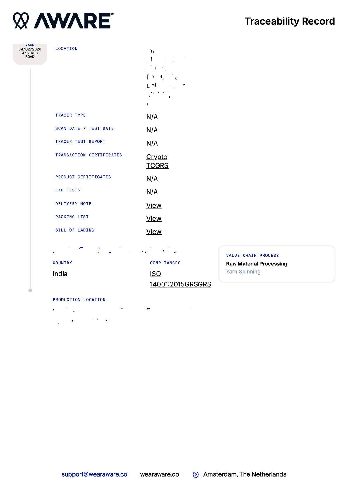 AWARE Traceability Record Page 5 - Logistics, bill of lading and packing list verification