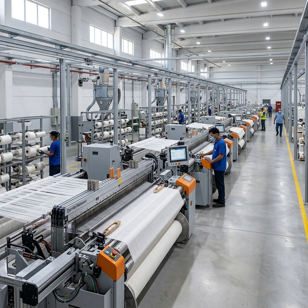 State-of-the-art weaving looms crafting fabric