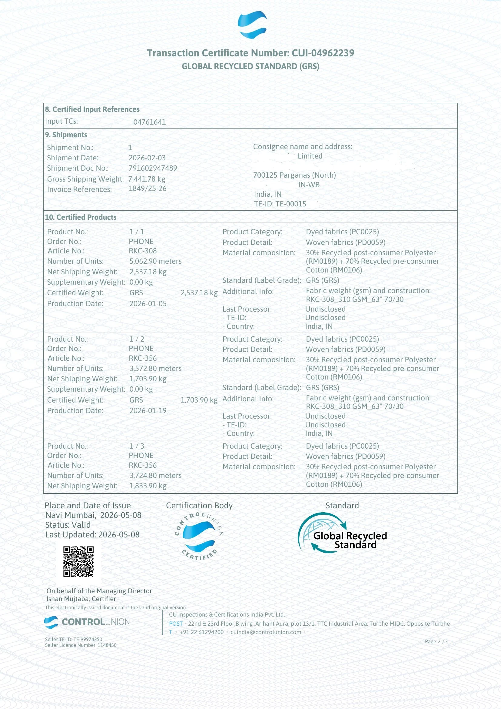 GRS Transaction Certificate Page 2 - Certified products, 70/30 recycled cotton composition, invoice reference
