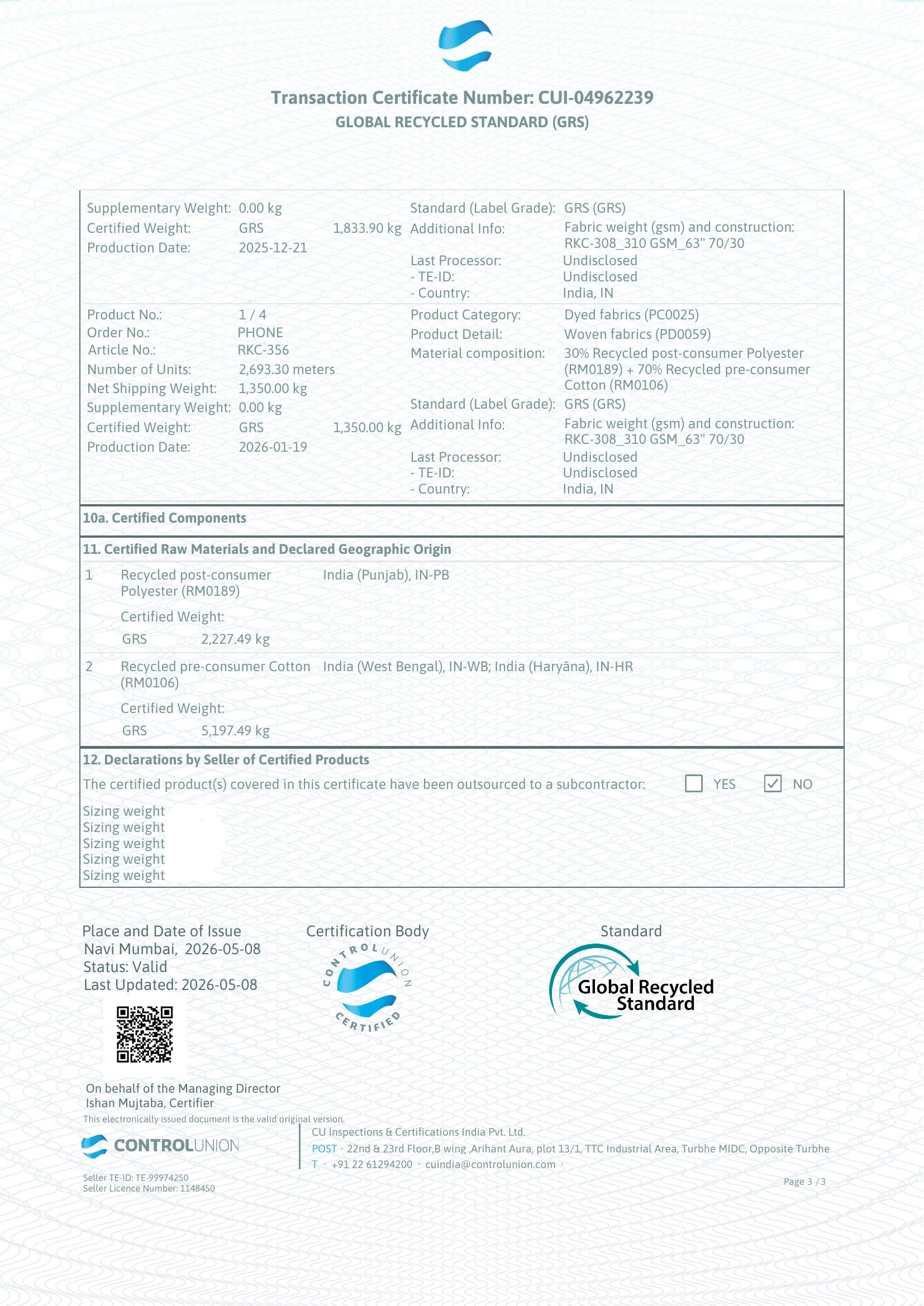 GRS Transaction Certificate Page 3 - Certified components, raw material geographic origin, seller declaration