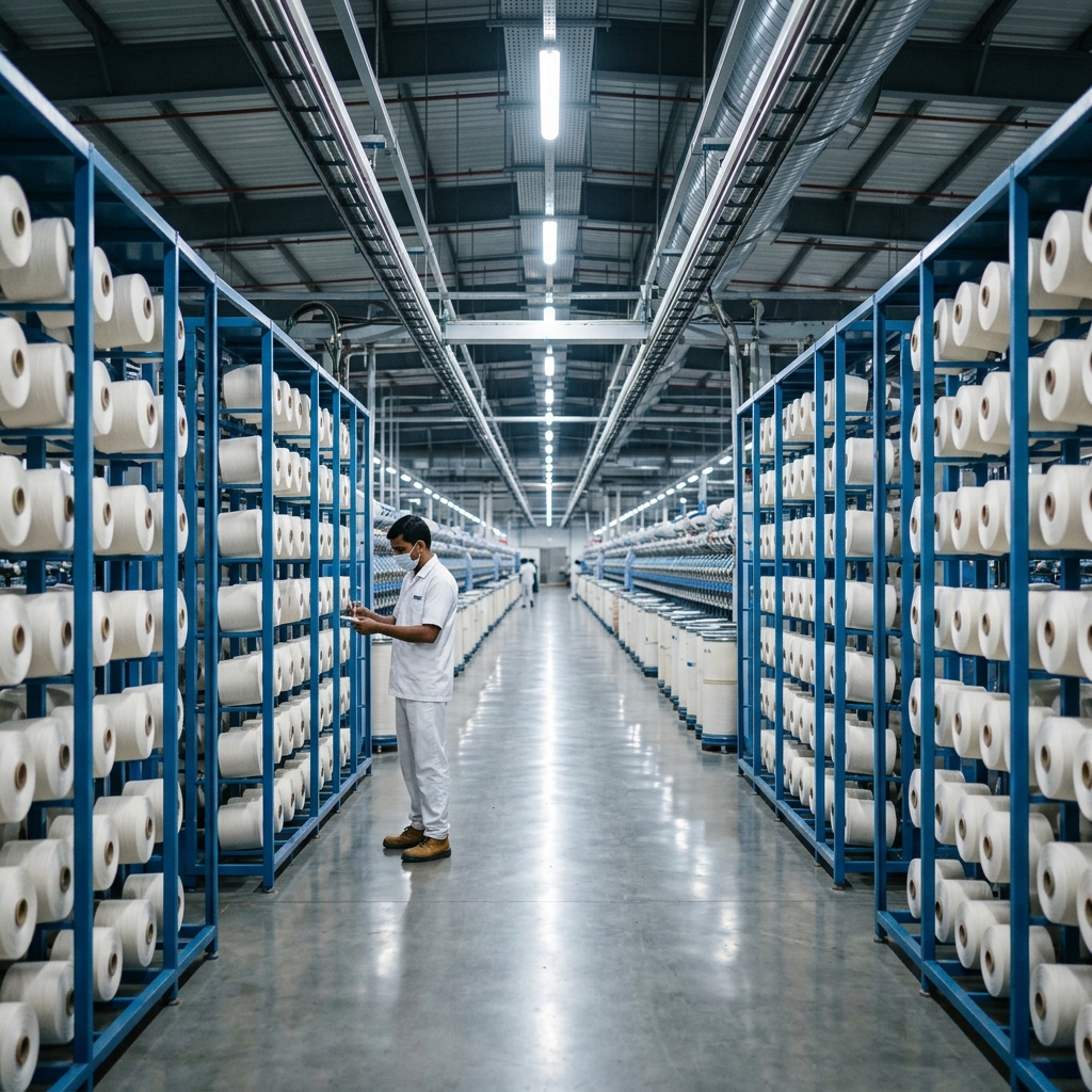 Radhey Krishna Cotweaving — State-of-the-Art Cotton Spinning Factory with Organized Yarn Bobbins, Bhilwara, India
