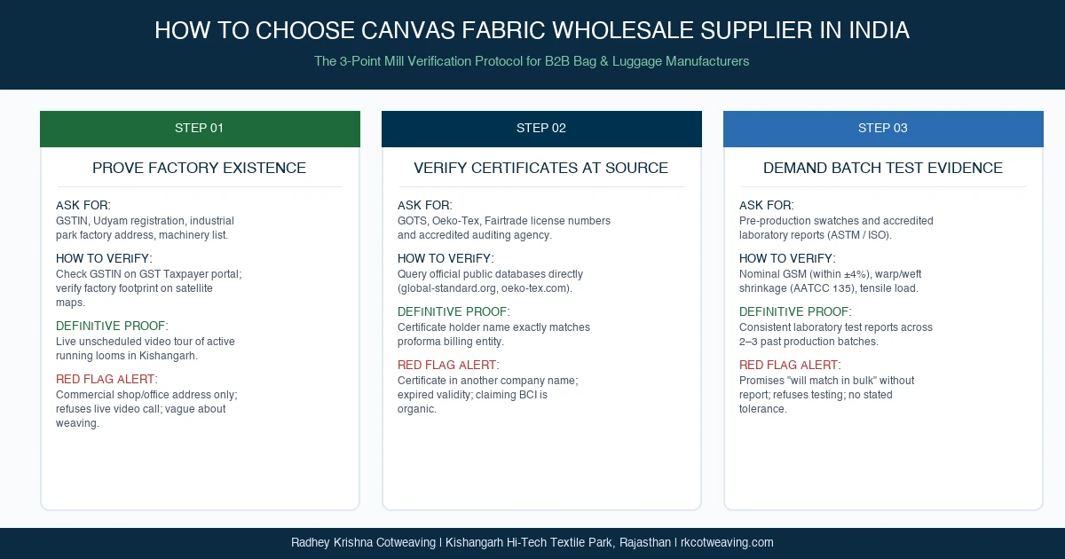 3-point checklist infographic explaining how to choose canvas fabric wholesale supplier in India by verifying factory existence, certifications, and test reports
