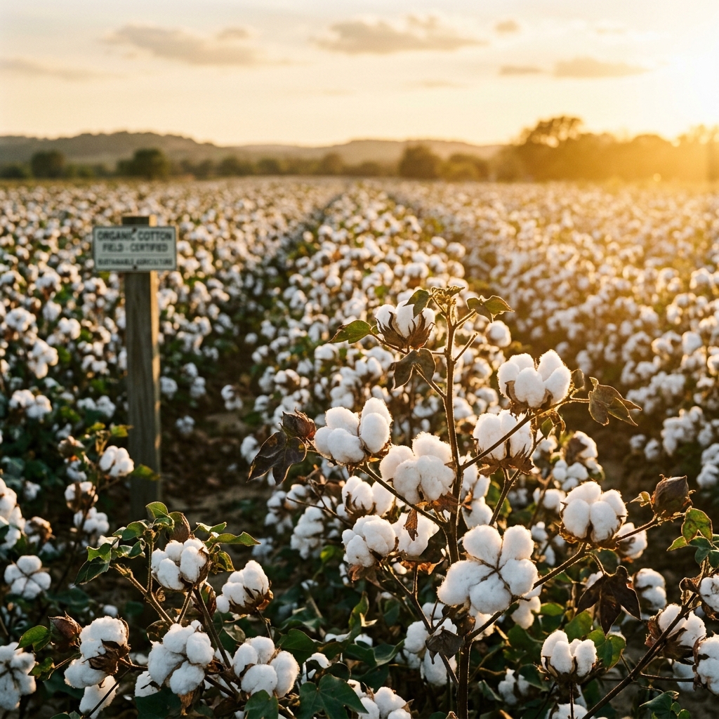 Raw cotton field at golden hour representing farmer sourcing