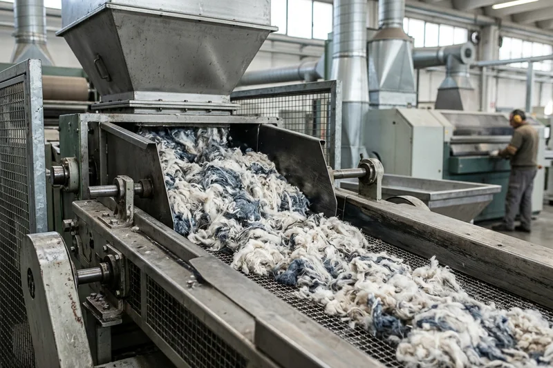 Mechanical garnetting and fiber reclamation machine shredding cotton scraps into lint