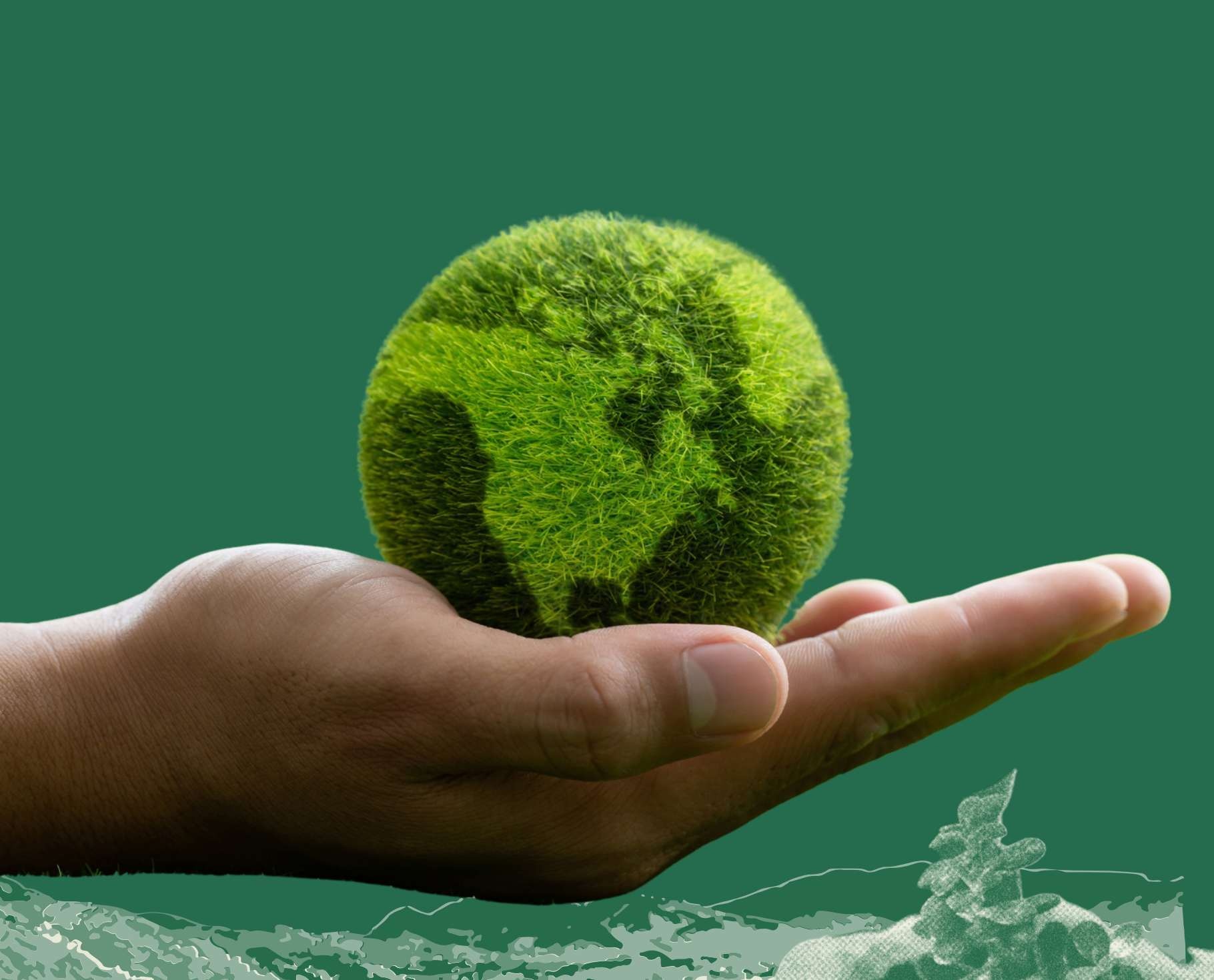 Hands holding green earth moss sphere - textile waste becoming regenerative raw material