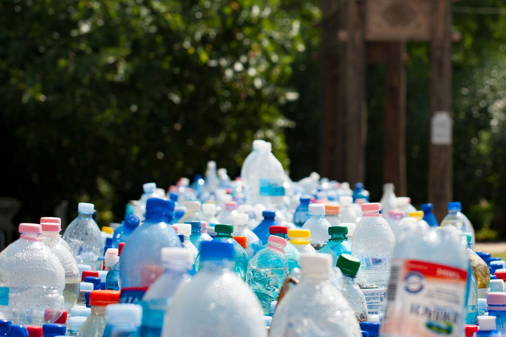 Collected post-consumer plastic PET bottles ready for sorting